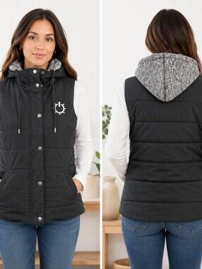Vtg Women's Love Tree Puffer Vest Hooded Zip-Button Medium Black Grey Knit Hood